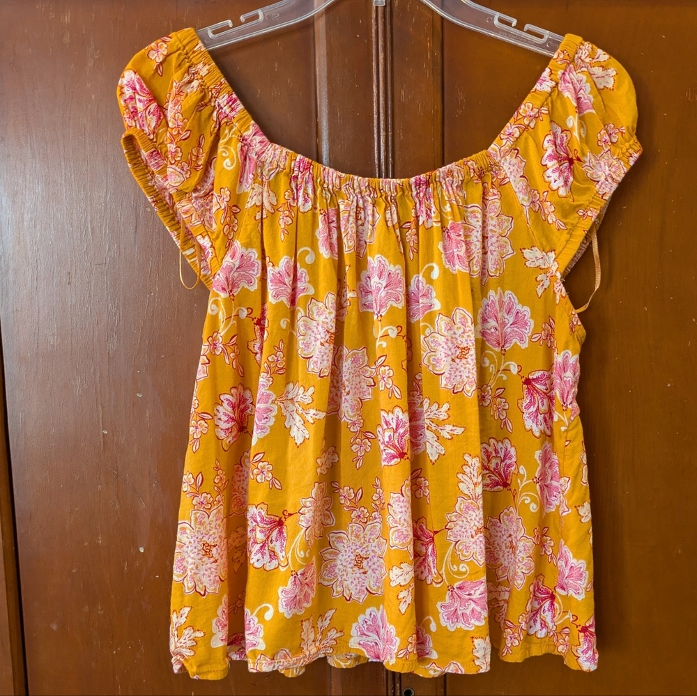 Floral Orange and Pink With Bow Tie Back Women's Top Size Medium